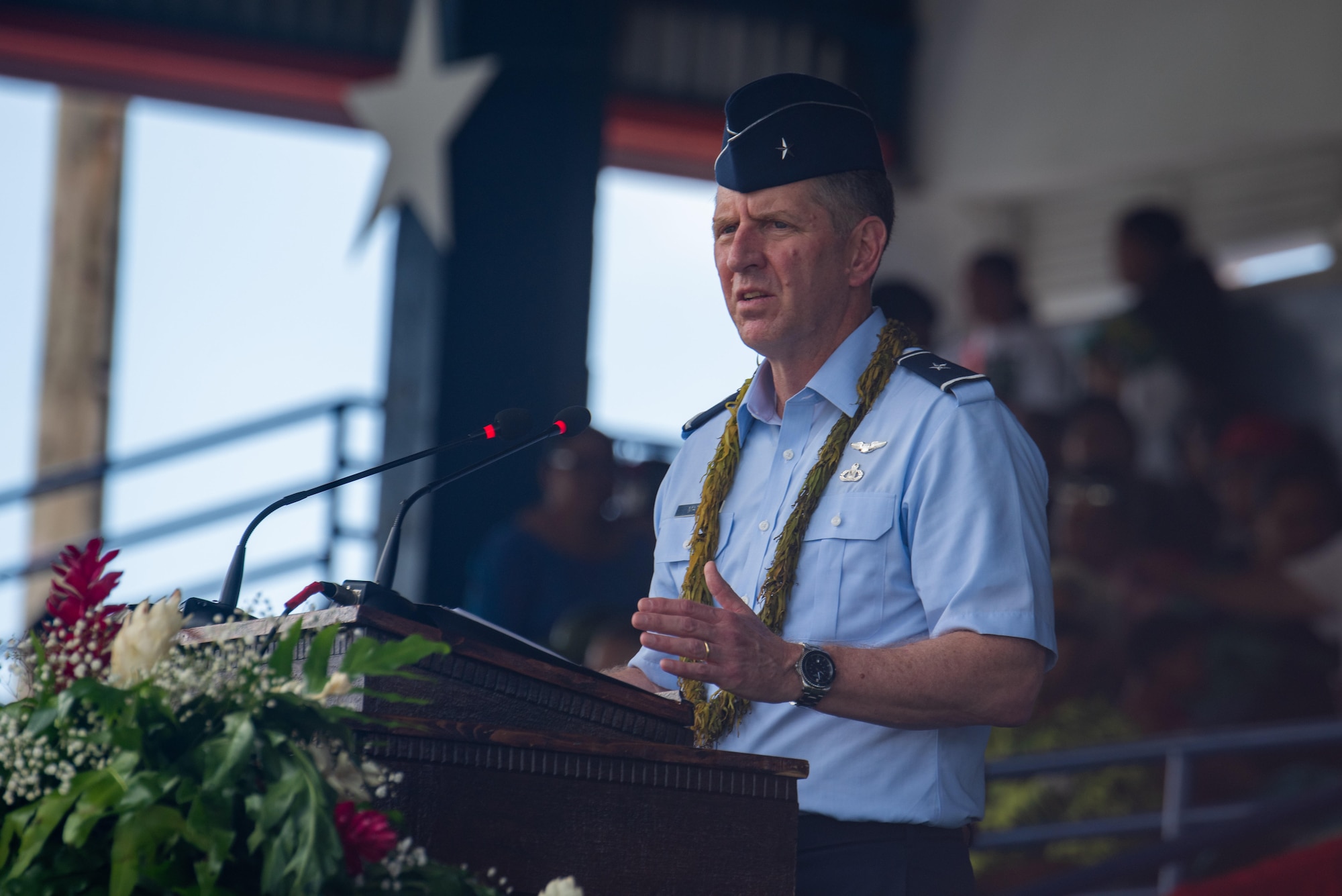 U.S. Air Force Brig. Gen. Alan Matney, Pacific Air Forces mobilization augmentee to the PACAF deputy commander, gives a speech during the 125th American Samoa Flag Day celebration at Pago Pago, American Samoa, April 17, 2025. Reflecting on American Samoa’s deep military tradition, Matney highlighted shared values like service before self and the island’s enduring commitment to being part of something greater than oneself. (U.S. Air Force photo by Airman 1st Class Tala Hunt)