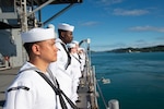250426-N-RW305-1032
NOUMEA, New Caledonia (April 26, 2025) – Machinist’s Mate Fireman Glenn Aranzanso, from Chicago, mans the rails aboard the U.S. 7th Fleet flagship USS Blue Ridge (LCC 19) during a port visit in Noumea, New Caledonia, April 26, 2025. The Blue Ridge and embarked U.S. 7th Fleet staff conduct regular Indo-Pacific patrols to deter aggression, strengthen alliances and partnerships, and advance future warfighting capabilities. (U.S. Navy photo by Mass Communication Specialist 3rd Class Thomas Furnish)
