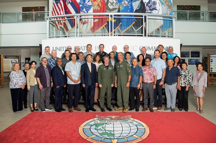 Adm. Samuel J. Paparo, commander of U.S. Indo-Pacific Command, joins retired Lt. Gen. Dan Leaf, Honorary Consul of Vietnam in Hawaii and former deputy commander of USINDOPACOM, for a group photo with the Consular Corps of Hawaii at USINDOPACOM headquarters, Honolulu, Hawaii, April 22, 2025. USINDOPACOM is committed to enhancing stability in the Indo-Pacific region by promoting security cooperation, encouraging peaceful development, responding to contingencies, deterring aggression and, when necessary, prevailing in conflict. (U.S. Army photo by Sgt. Austin Riel)