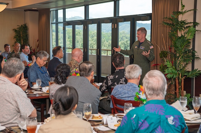 Adm. Samuel J. Paparo, commander of U.S. Indo-Pacific Command, welcomes retired Lt. Gen. Dan Leaf, Honorary Consul of Vietnam in Hawaii and former deputy commander of USINDOPACOM, and the Consular Corps of Hawaii for a working lunch to connect with USINDOPACOM leadership and J5 foreign area officers at USINDOPACOM headquarters, Honolulu, Hawaii, April 22, 2025. USINDOPACOM is committed to enhancing stability in the Indo-Pacific region by promoting security cooperation, encouraging peaceful development, responding to contingencies, deterring aggression and, when necessary, prevailing in conflict. (U.S. Army photo by Sgt. Austin Riel)