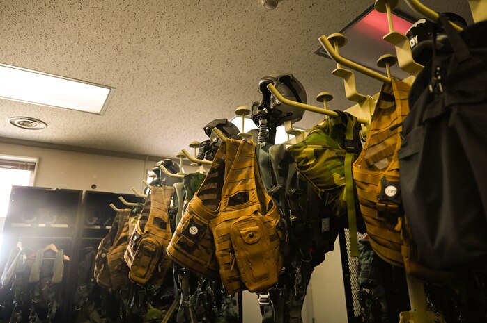 PCU 15P Harnesses and HGU 55P helmets, inspected by aircrew flight equipment Airmen from the 9th Expeditionary Bomb Squadron before the aircrew takes off for a Bomber Task Force mission at Misawa Air Base, Japan, April 21, 2025. The 9th EBS AFE members follow all safety precautions during equipment inspections to ensure it is operable and up to par. BTF 25-2 provides opportunities to train and work with our allies and partners in joint and combined operations. (U.S. Air Force photo by Airman 1st Class Mattison Cole)