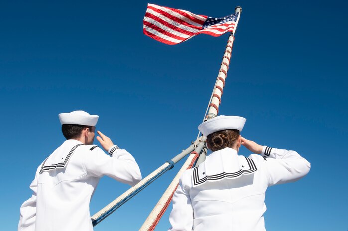250426-N-ZD626-1166
NOUMEA, New Caledonia (April 26, 2025) – Culinary Specialist 3rd class Dillion Yost, from Lakeway, Texas, and Information Systems Technician Seaman Patricia Murczek, from Chicago, salute the American flag aboard the U.S. 7th fleet Flagship USS Blue Ridge (LCC 19), while pulling into Noumea, New Caledonia for a routine port visit, April 26, 2025. The Blue Ridge and embarked U.S. 7th Fleet staff conduct regular Indo-Pacific patrols to deter aggression, strengthen alliances and partnerships, and advance future warfighting capabilities. (U.S. Navy photo by Mass Communication Specialist Seaman Zachary Del Rio)