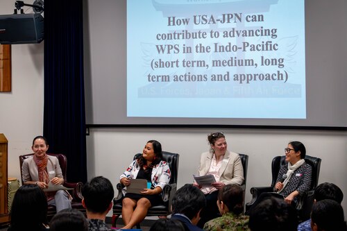 Women, Peace and Security advisors and experts from the Department of Defense and Japan Ministry of Defense hold a panel.