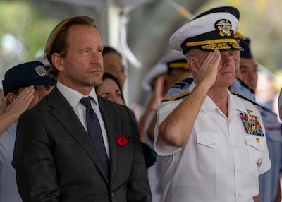 Adm. Samuel Paparo, commander, U.S. Indo-Pacific Command, participated in a wreath-laying ceremony at the National Memorial Cemetery of the Pacific, commemorating Anzac Day on April 25, 2025. Anzac Day was originally named in reference to the Australian and New Zealand Army Corps’ and the first major military action fought by Australian and New Zealand forces as independent nations, and is now recognized as a solemn occasion to remember all Austrlians and New Zealanders who have served in war and conflict. USINDOPACOM is committed to enhancing stability in the Indo-Pacific region by promoting security cooperation, encouraging peaceful development, responding to contingencies, deterring aggression and, when necessary, prevailing in conflict. (U.S. Navy photo by Mass Communication Specialist 2nd Class Jeremy R. Boan)