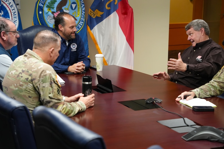 Acting Assistant Secretary of the Army for Civil Works, Lee Forsgren (right), meets with senior FEMA and U.S. Army Corps of Engineers leadership at the FEMA field office in Asheville, North Carolina, on April 25, 2025. The meeting focused on coordination, mission alignment, and progress as recovery continues across the region.