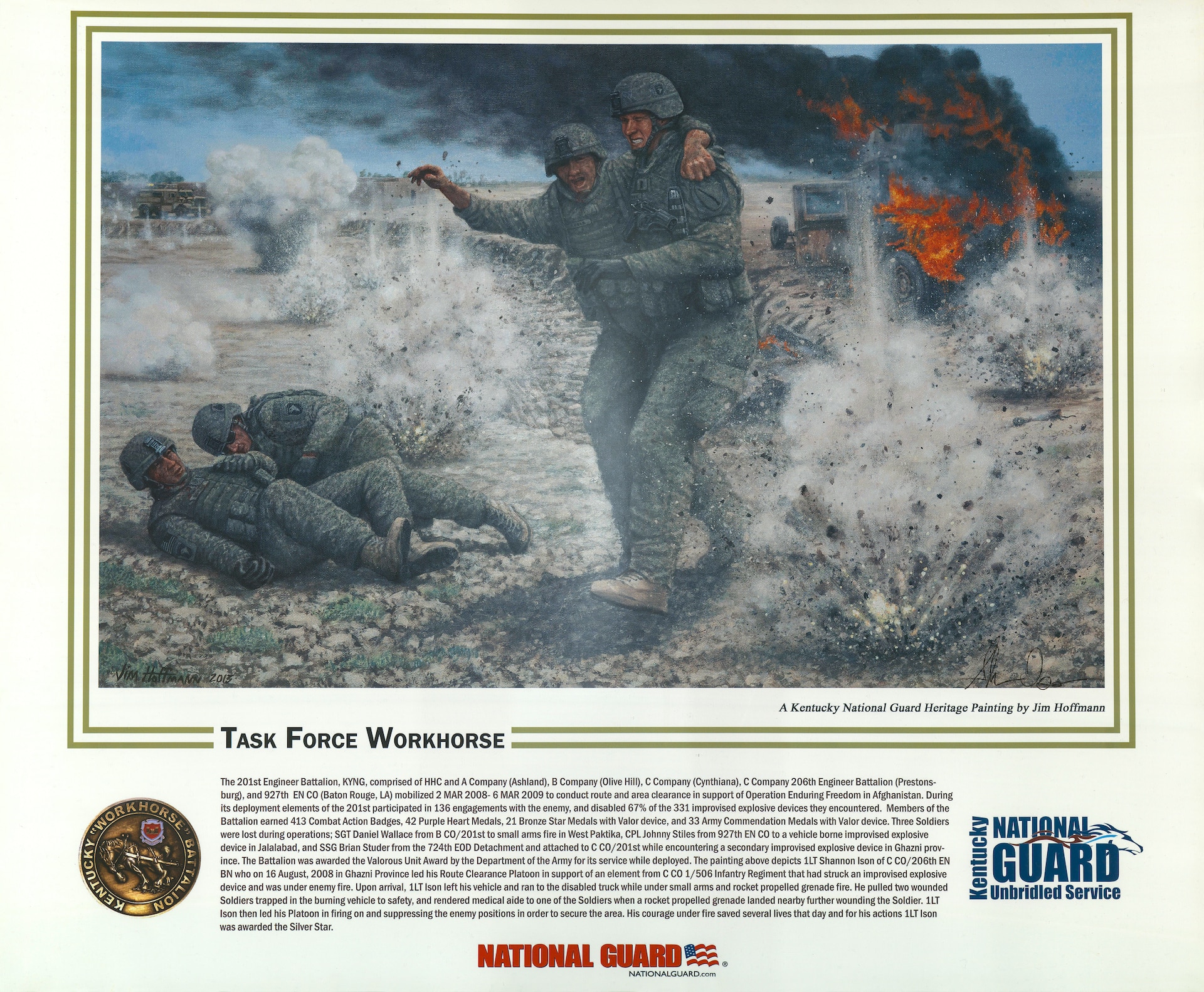 Kentucky National Guard heritatge painting of the combat actions of U.S. Army 1st Lt. Shannon Ison during Operation Enduring Freedom in Afghanistan commissioned in 2013. Ison was awarded the Silver Star for saving the lives of several service members while under fire during his combat tour in 2008 through 2009. (Kentucky National Guard hertiage painting by Jim Hoffmann)