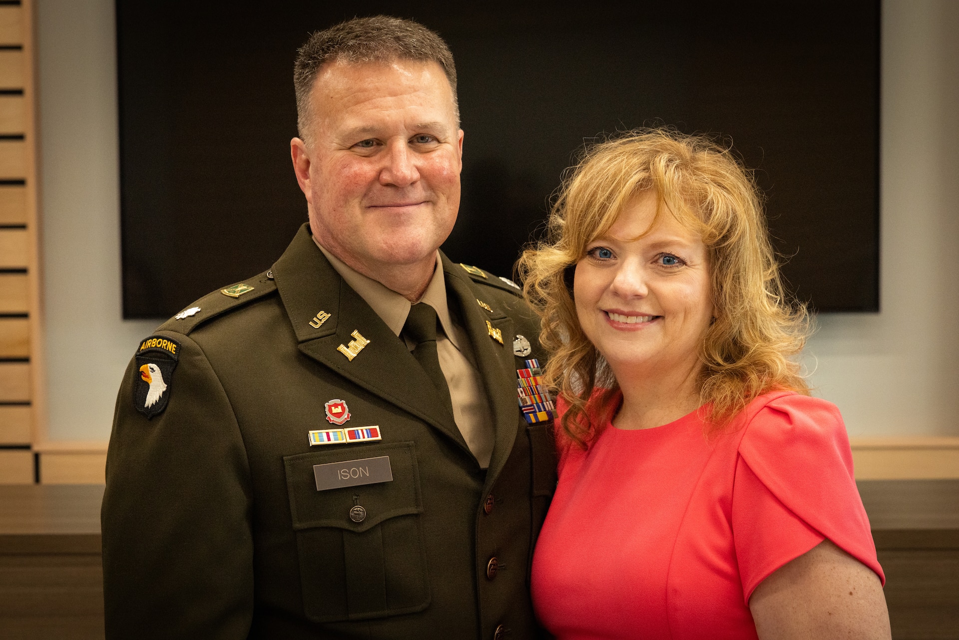 U.S. Army Lt. Col. Shannon Ison with his wife, Deborah Ison, at his retirement ceremony at the Joint Forces Headquarters building on Boone National Guard Center in Frankfort, Ky. On April 18, 2025. Ison, a Silver Star recipient, retired after 22 years in a ceremony with friends and family present. (U.S. Army National Guard photo by Andy Dickson)