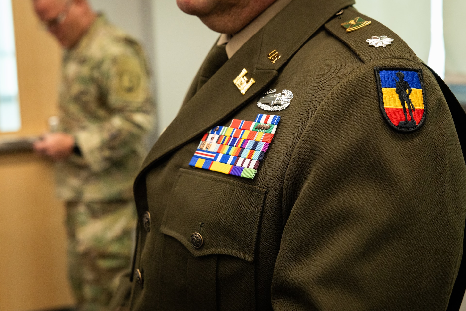 U.S. Army Lt. Col. Shannon Ison’s ribbon rack at his retirement ceremony at the Joint Forces Headquarters building on Boone National Guard Center in Frankfort, Ky. On April 18, 2025. Ison, a Silver Star recipient, retired after 22 years in a ceremony with friends and family present. (U.S. Army National Guard photo by Andy Dickson)