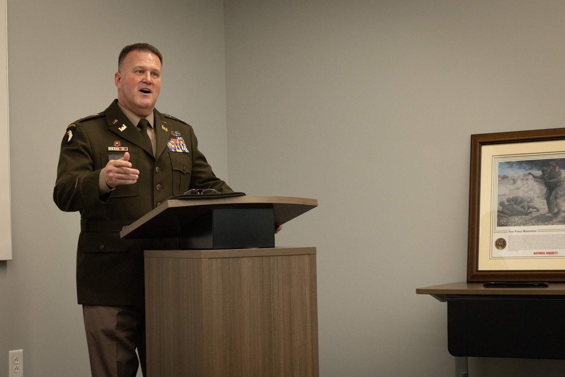 U.S. Army Lt. Col. Shannon Ison speaks at his retirement ceremony at the Joint Forces Headquarters building on Boone National Guard Center in Frankfort, Ky. On April 18, 2025. Ison, a Silver Star recipient, retired after 22 years in a ceremony with friends and family present. (U.S. Army National Guard photo by Andy Dickson)