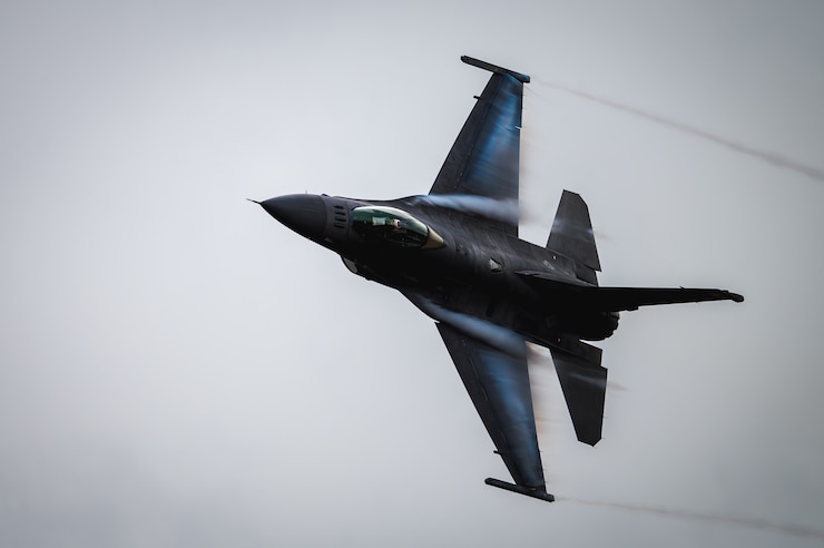 U.S. Air Force Maj. Taylor “FEMA” Hiester, F-16 Viper Demonstration Team commander and pilot, performs the dedication pass during a practice demonstration at Shaw Air Force Base, S.C., Feb. 13, 2025. The pilot has excellent flight control of the F-16 through its "fly-by-wire" system. Electrical wires relay commands, replacing the usual cables and linkage controls. (U.S. Air Force photo by Senior Airman Meghan Hutton)