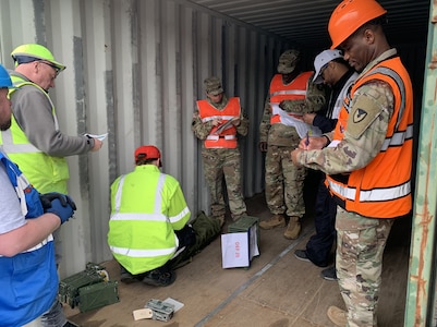 Members of the 7384th Blood Support Detachment plus contractors and military personnel from the Dülmen Army Prepositioned Stocks-2 worksite conduct a joint inventory of blood support detachment APS-2 equipment and supplies at the Dülmen worksite April 23, 2025. The 7384th BSD from Columbia, Missouri, is deployed to Europe for DEFENDER 25. (U.S. Army courtesy photo)