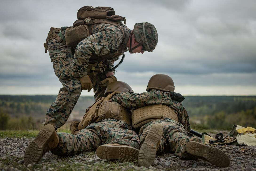 U.S. Marines with 10th Marine Regiment, 2d Marine Division participate in a live-fire range during exercise Rolling Thunder on Fort Bragg, North Carolina, April 12, 2025. The exercise was held to test 10th Marine Regiment’s command-and-control, indirect fire support, counter-fire operations, and sensor operations in a simulated littoral environment against a future threat. (U.S. Marine Corps photo by Lance Cpl. Judith Ann Lazaro)