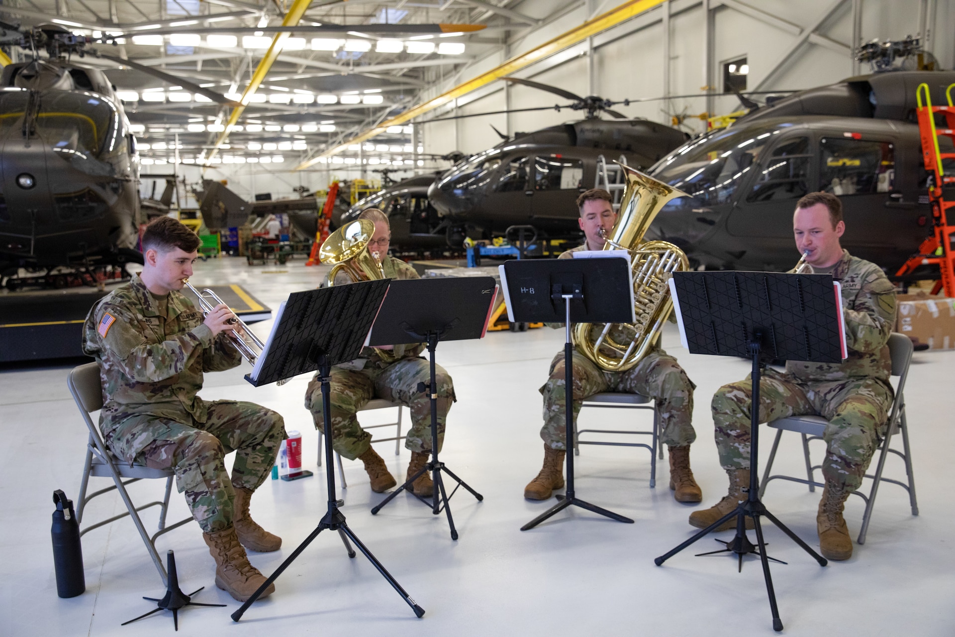 Members of the 202nd Army Band provided the ceremonial music for the 2-238th deployment ceremony on April 25, 2025 in Frankfort, Kentucky. Approximately 30 Soldiers from the 2-238th are deploying to Europe in support of intratheater aeromedical evacuations. (U.S. Army National Guard photo by Sgt. First Class Ryan Wilhoit)