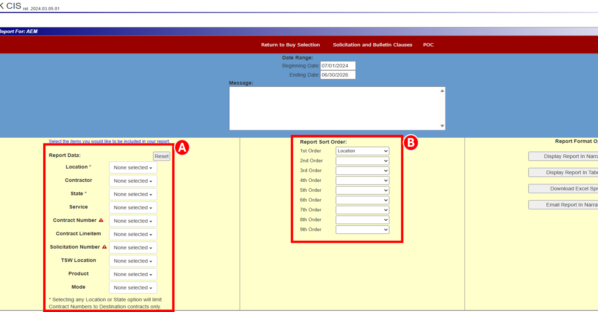 DLA Energy's Contract Information System (CIS) Buy Report highlighting Report Data and Report Sort Order sections to be done by CIS user.