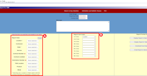 DLA Energy's Contract Information System (CIS) Buy Report highlighting Report Data and Report Sort Order sections to be done by CIS user.