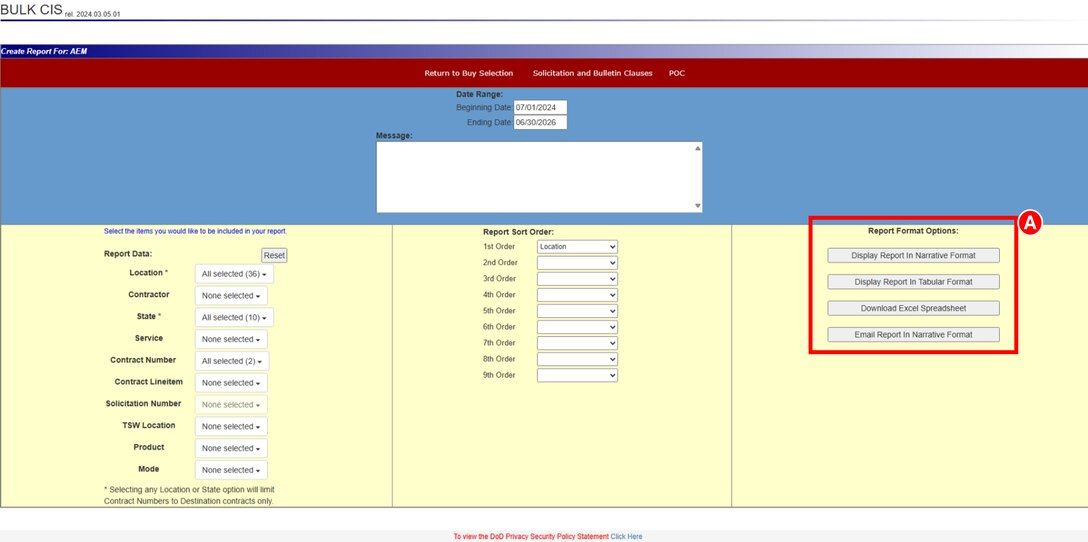 DLA Energy's Contract Information System (CIS) Buy Report highlighting Report Format Options which are: Narrative, Tabular, Downloaded Excel Spreadsheet or Emailed Report in Narrative Format