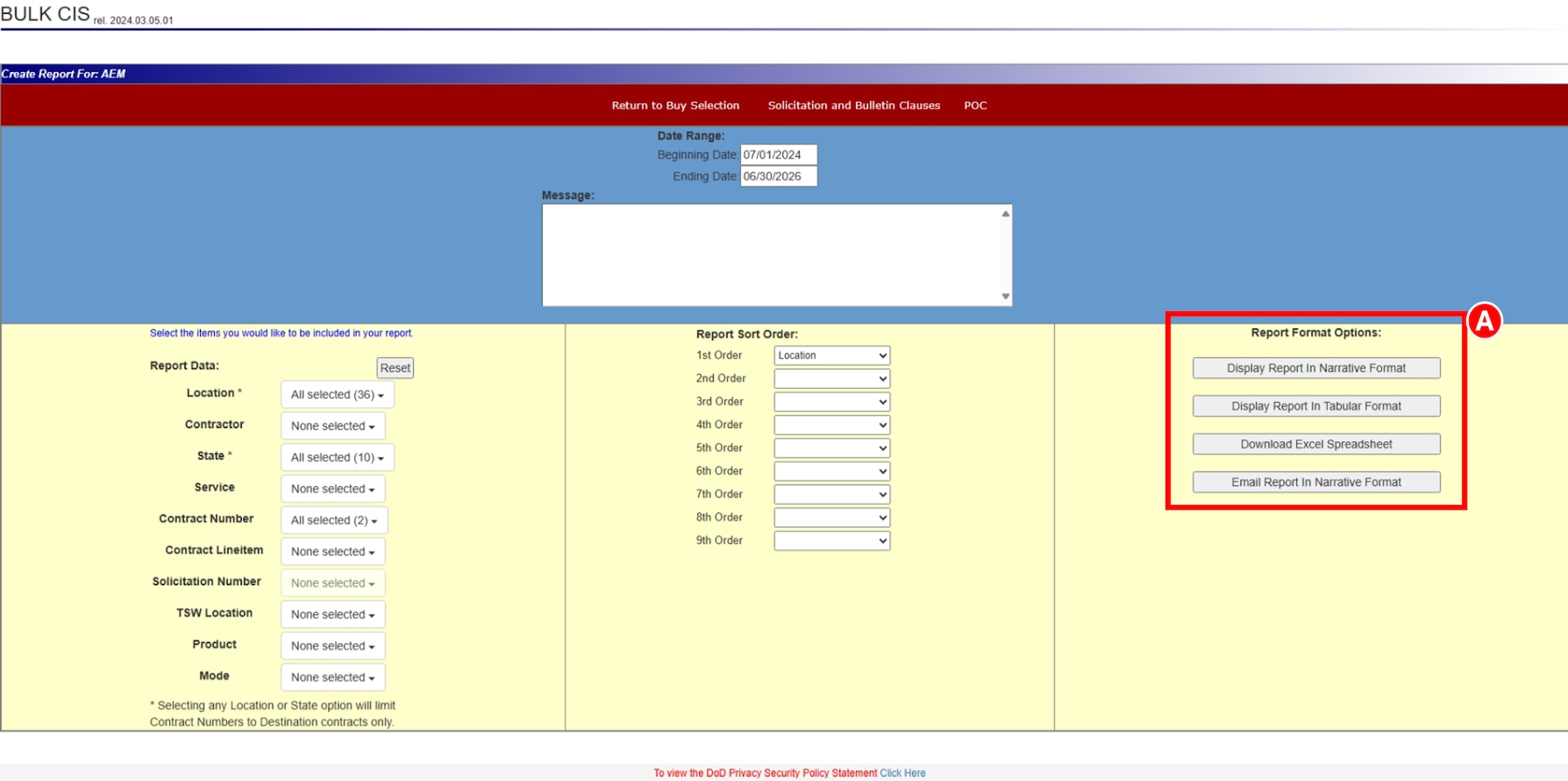 DLA Energy's Contract Information System (CIS) Buy Report highlighting Report Format Options which are: Narrative, Tabular, Downloaded Excel Spreadsheet or Emailed Report in Narrative Format