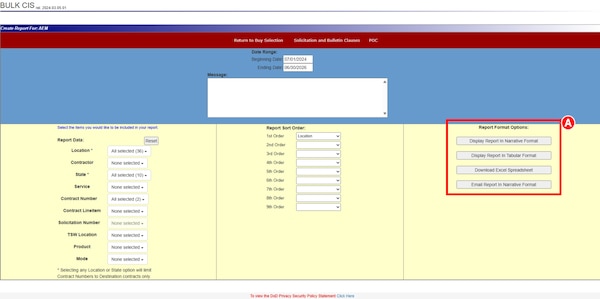 DLA Energy's Contract Information System (CIS) Buy Report highlighting Report Format Options which are: Narrative, Tabular, Downloaded Excel Spreadsheet or Emailed Report in Narrative Format