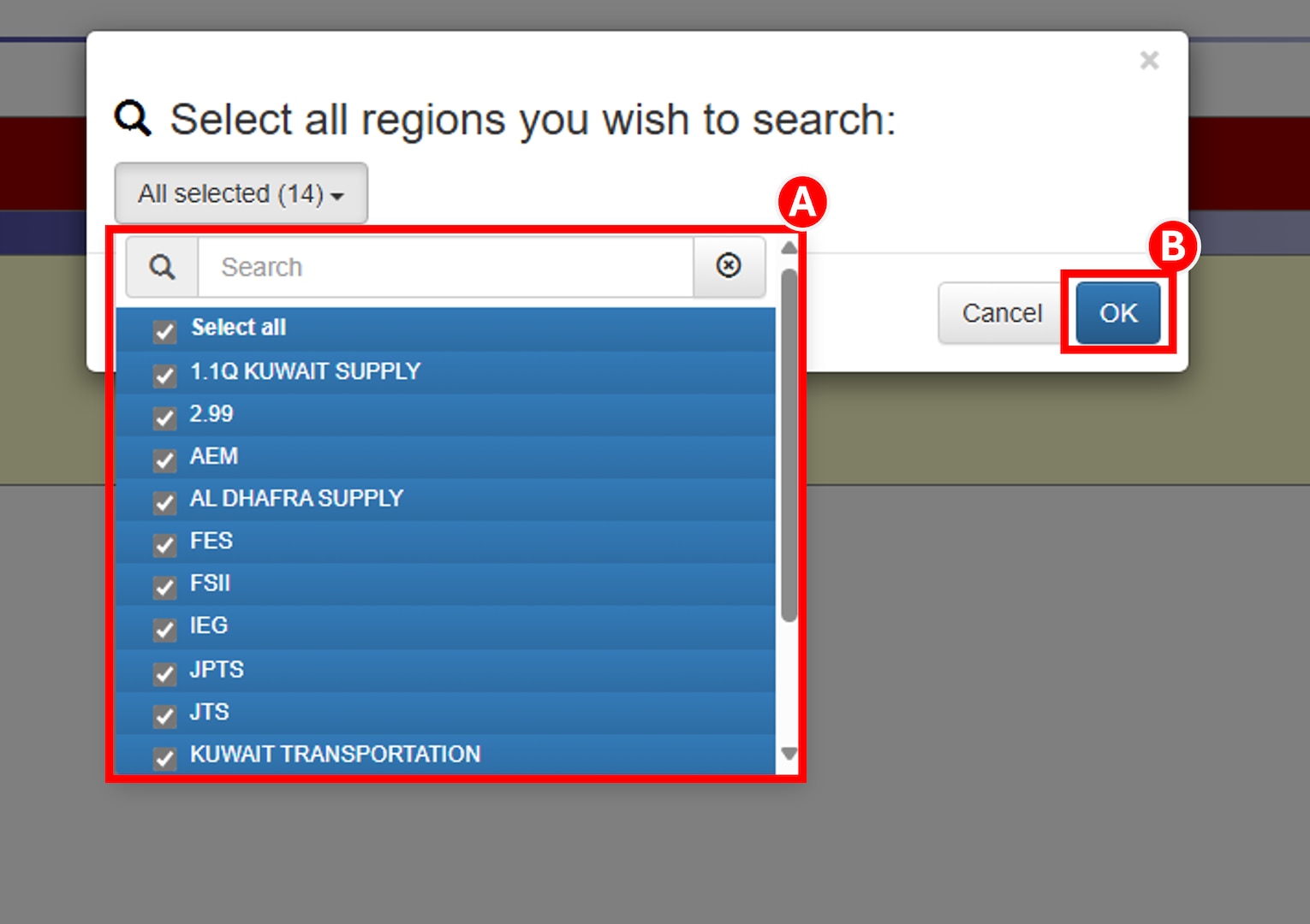 DLA Energy's Contract Information System (CIS) Global Search Region selection window highlighting region dropdown options and Ok button.