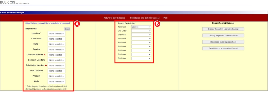 Report builder screen in DLA Energy's Contract Information System (CIS) highlighting search and sort criteria sections