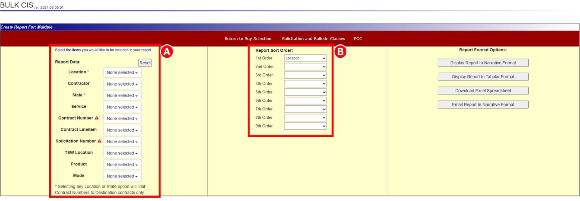 Report builder screen in DLA Energy's Contract Information System (CIS) highlighting search and sort criteria sections