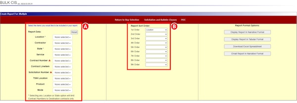 Report builder screen in DLA Energy's Contract Information System (CIS) highlighting search and sort criteria sections