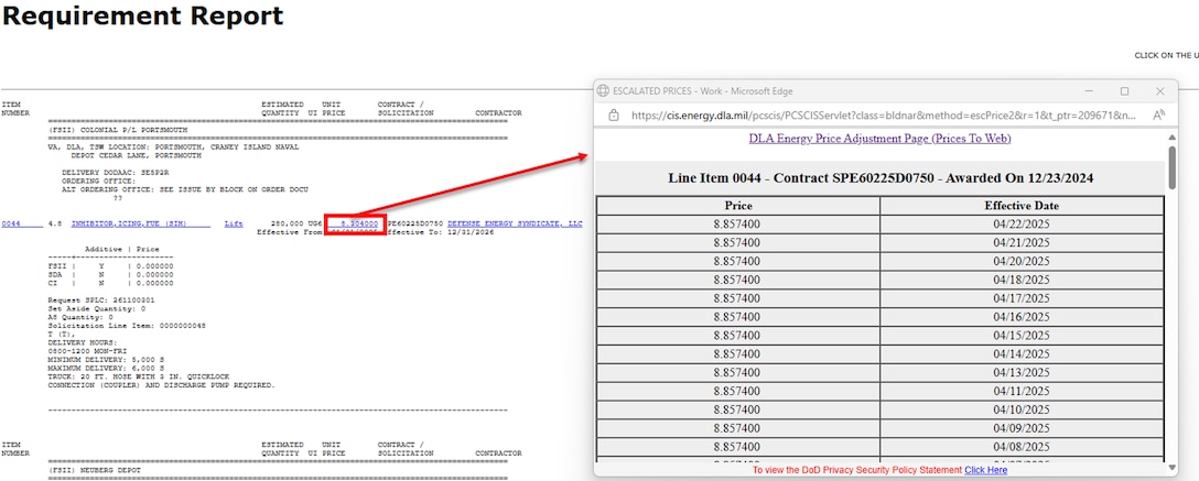 Example Report in Narrative Format from DLA Energy's Contract Information System (CIS) with selected Pricing link showing window of history of Escalated Pricing