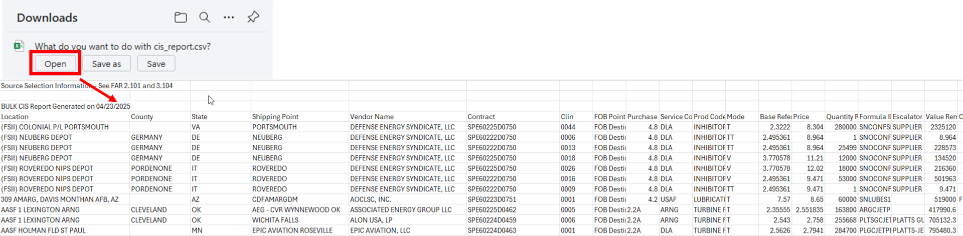 Downloaded report.csv options to Open or Save As with Open selected and example spreadsheet of data open.