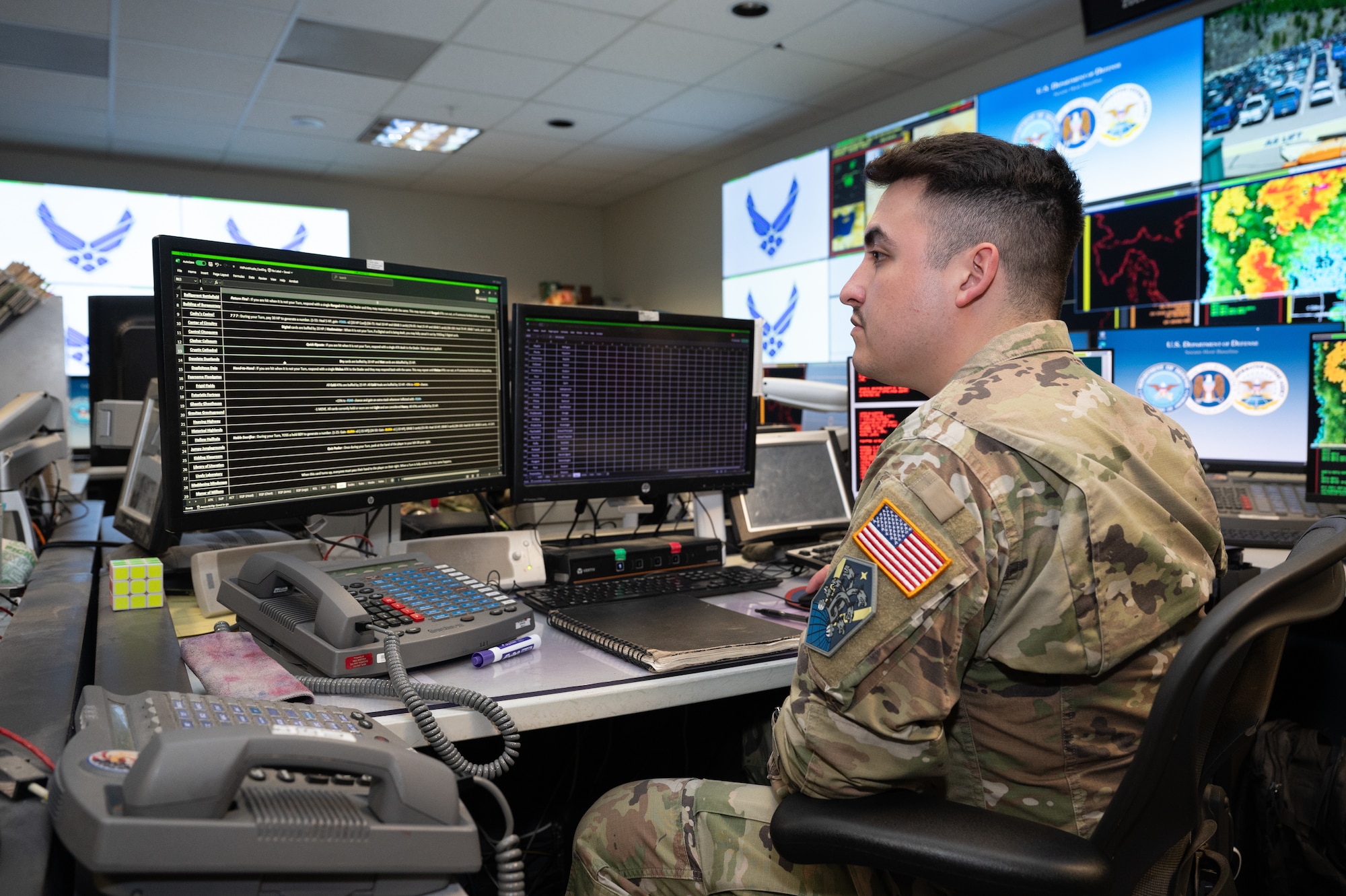 Guardian sits at his desk in the Systems Center while working.