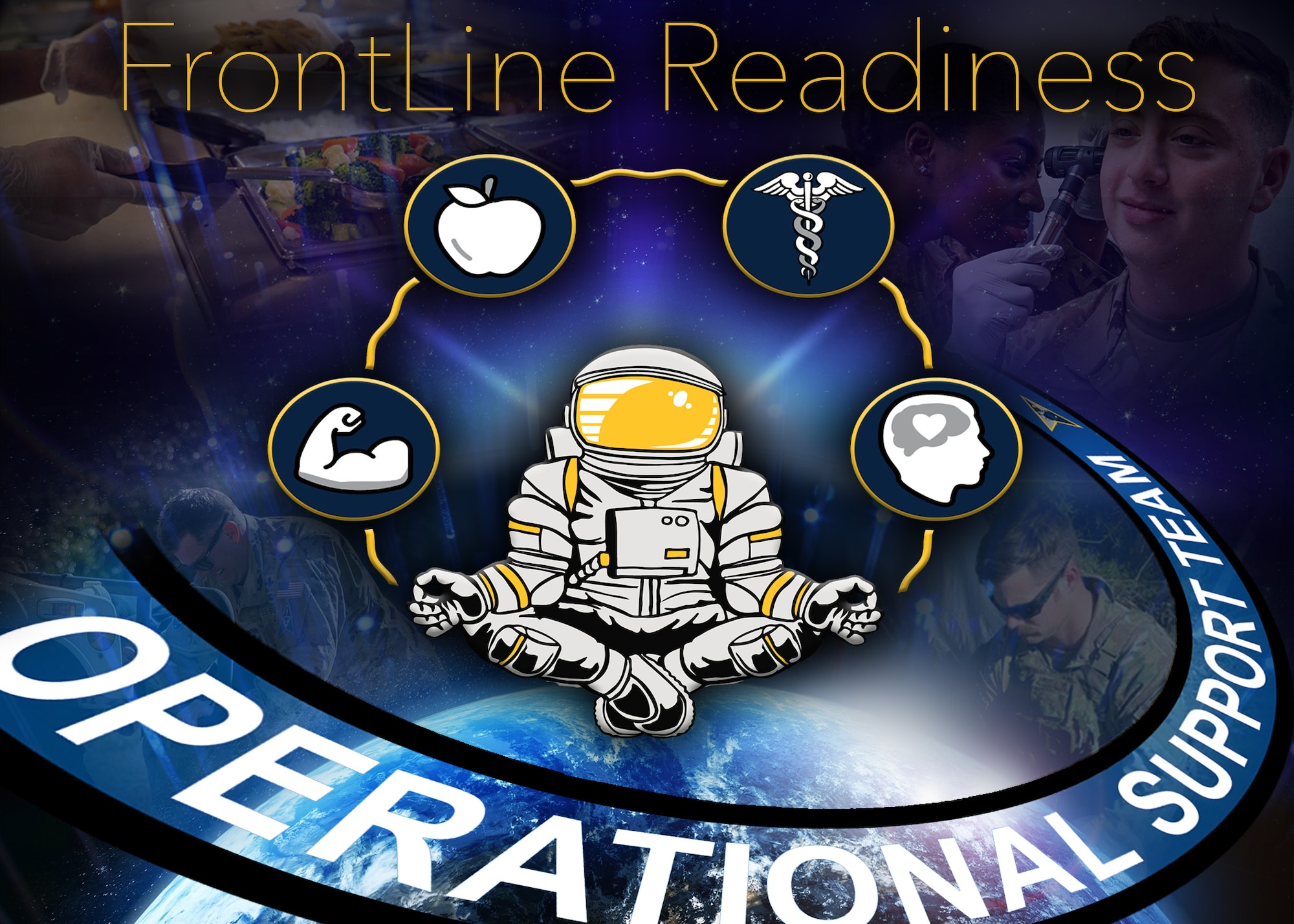 Patrick Space Force Base Operational Support Team is a four-person, multi-disciplinary medical team, which embeds for 4-8 months at the unit level. This revolutionary approach enhances the overall unit by cultivating each individual person’s physical condition and mental wellbeing during the on-site, in the moment, interactions. The result is targeted unit improvement raising dexterity and stamina needed to meet command goals.  (U.S. Space Force graphic by Maureen Smith)
