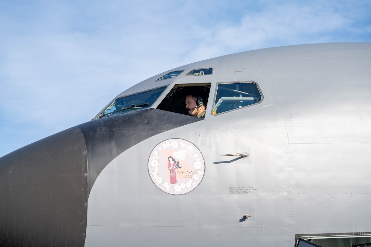 Capt. Michael Clayton, 91st Air Refueling Squadron pilot, prepares for takeoff in a KC-135 Stratotanker