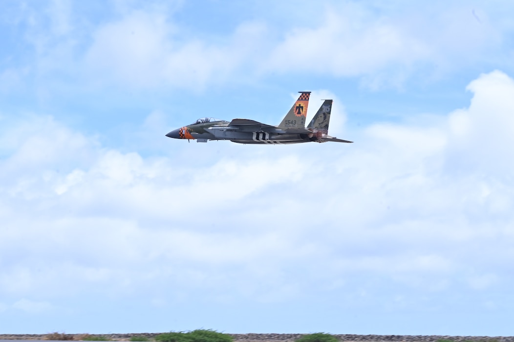F-15 flies through the sky