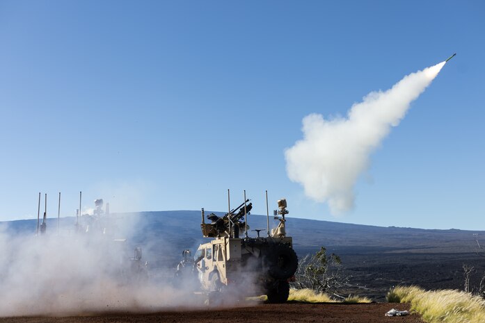 A Marine Air Defense Integrated System Mk 1 fires upon a small unmanned aircraft system during a training exercise at Pohakuloa Training Area, Hawaii, Jan. 25, 2025. A key component of the Marine Corps’ Force Design initiative, the mobile MADIS increases 3d Marine Littoral Regiment’s tactical flexibility by extending the range of the airspace which 3d MLR is able to sense and defend without support from the Joint Force. (U.S. Marine Corps photo by Sgt. Jacqueline C. Parsons)