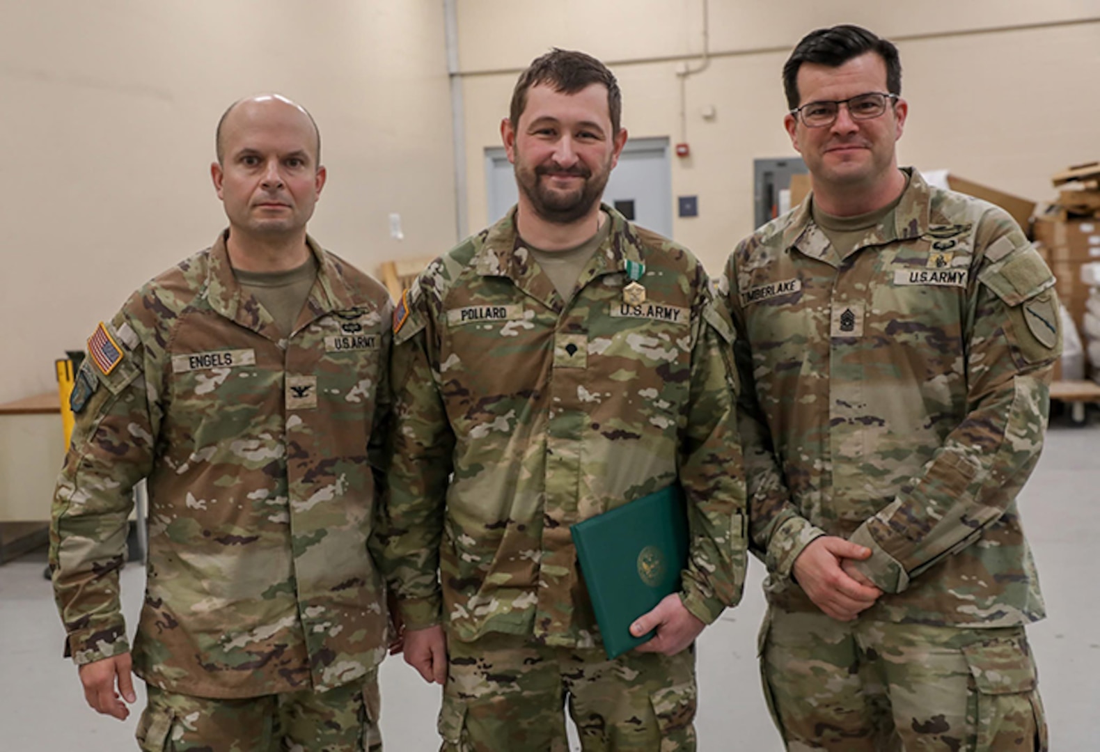 Spc. Brandon Pollard was awarded for his heroic actions helping a driver from her overturned vehicle following a weather-related crash.