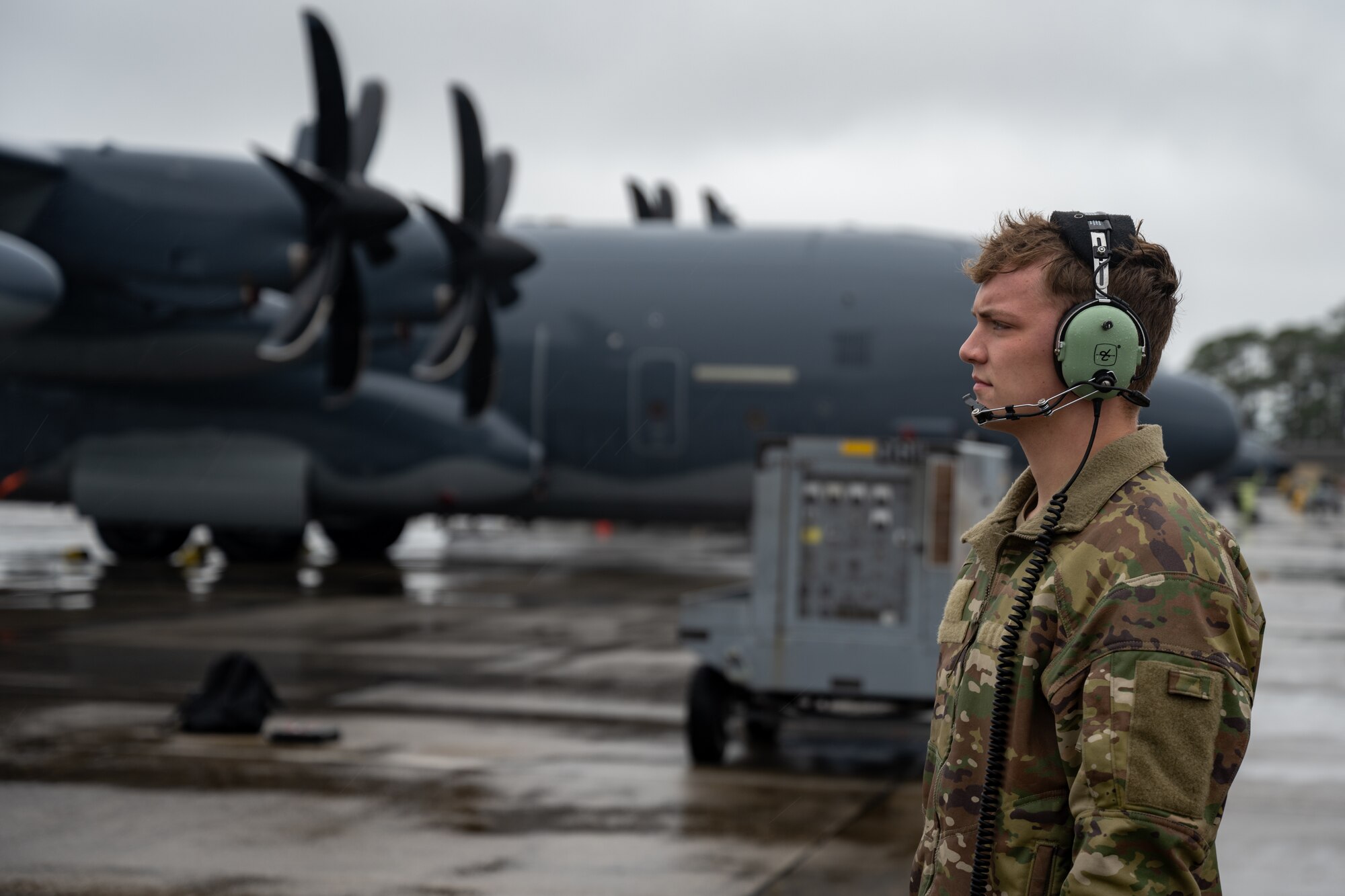 A U.S. Air Force loadmaster performs an MC-130J Commando II inspection at Hurlburt Field, Florida, Feb. 19, 2025.