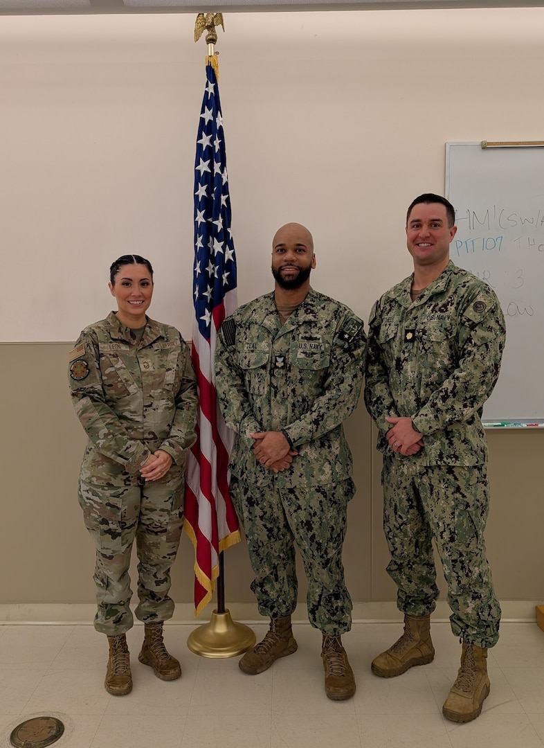 Physical Therapist Technician Course. Left to Right: Senior Master Sgt. Christine Leon, Hospital Corpsman 1st Class 
London Teal, Lt. Cmdr. Patrick Mitchell.