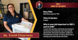 A woman poses for the camera while holding a carton of incoming mail. Ms. Eveidi Elizarraras, Mail Clerk Lead of 61st Force Support Squadron has worked for Space Base Delta 3 for six years and is being celebrated for her superior work ethic as May 2025 Knight of the Month.