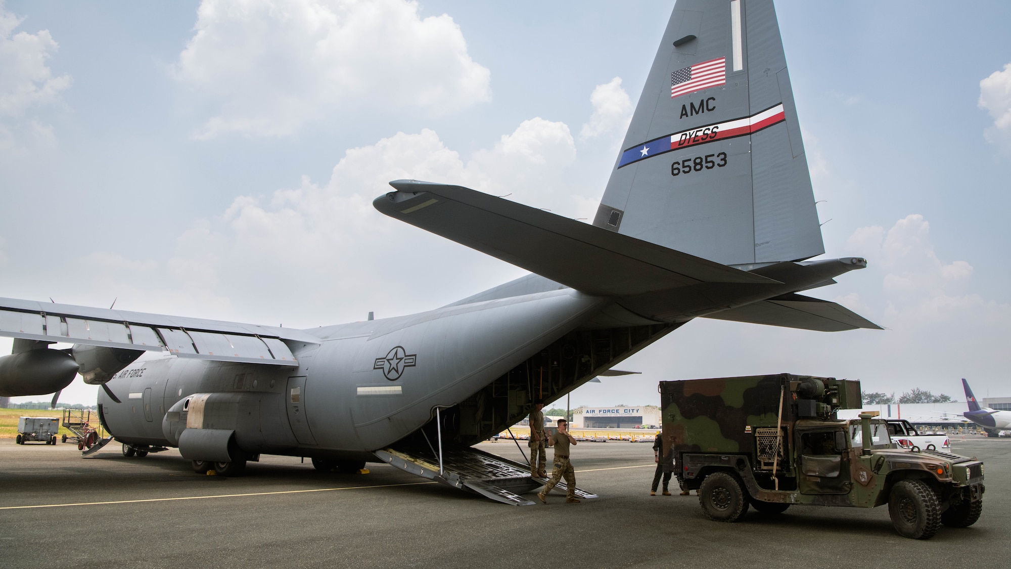 U.S. Army soldiers with 5th Battalion, 3rd Field Artillery Regiment, 1st Multi Domain Task Force, load a Humvee, into a U.S. Air Force C-130J Super Hercules assigned to 39th Airlift Squadron, during Exercise Balikatan 25 at at Clark Air Base, Philippines, April 23, 2025. Balikatan is a longstanding annual exercise between the Armed Forces of the Philippines and U.S. military designed to strengthen our ironclad alliance, improve our capable combined force, and demonstrate our commitment to regional security and stability. (U.S. Marine Corps photo by Sgt. Mitchell Johnson)