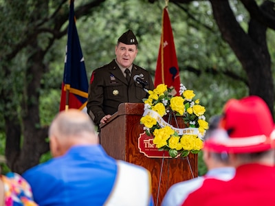 Maj. Gen. Phil Ryan, the U.S. Army South commanding general, speaks during the San Jacinto Victory Celebration in downtown San Antonio, Texas, April 26, 2025. The San Jacinto Victory Celebration is an annual Fiesta event that honors Texas’ independence by commemorating the decisive Battle of San Jacinto and celebrating the state's rich history of courage, resilience, and pride. (U.S. Army photo by Sgt. 1st Class ShaTyra Cox)