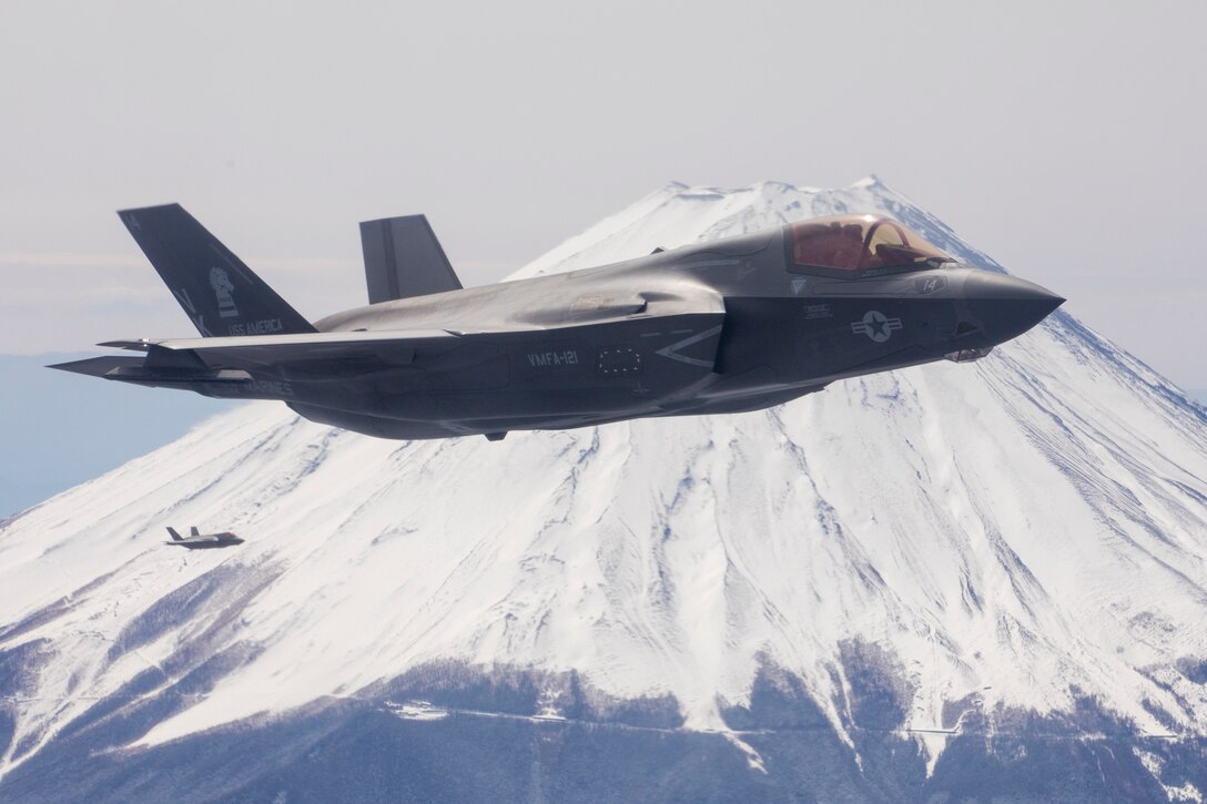 U.S. Marine Corps F-35B Lightning II’s with Marine Fighter Attack Squadron (VMFA) 121 fly near Mt. Fuji, Japan