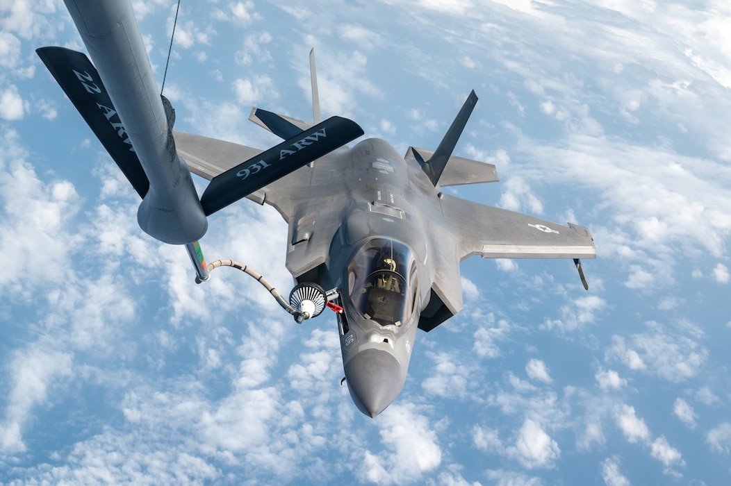 A U.S. Marine Corps F-35B Lightning II with Marine Fighter Attack Squadron (VMFA) 242, receives fuel from a U.S. Air Force KC-135 Stratotanker, assigned to the 909th Air Refueling Squadron, Kadena Air Base, Japan, over the Indo-Pacific theater, Sept. 28, 2022. U.S. Air Force and Marine Corps aircrews routinely train together to enhance bilateral interoperability in support of the defense of Japan while securing a free and open Indo-Pacific region. (U.S. Air Force photo by Senior Airman Yosselin Campos)