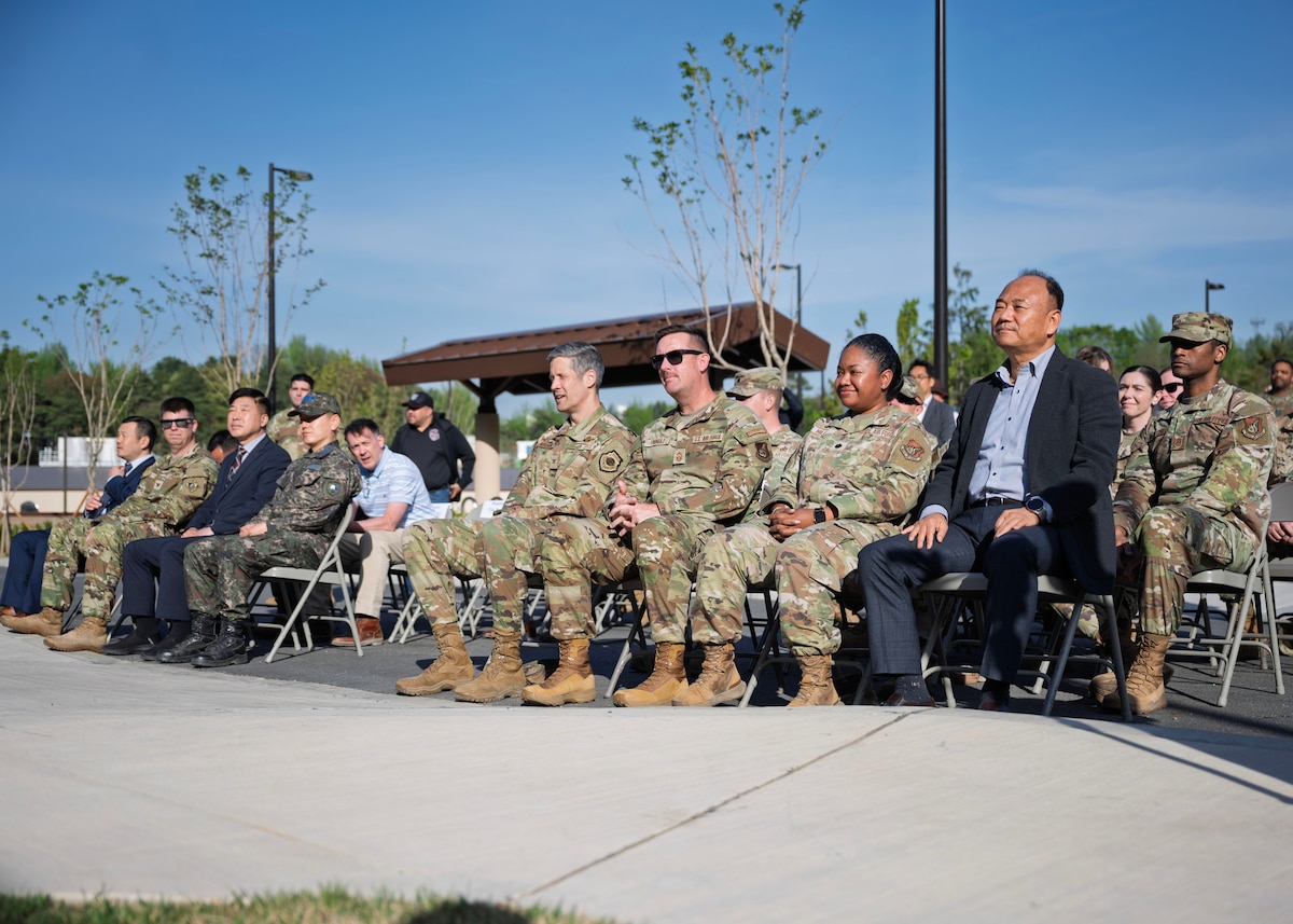Leadership from the 51st Fighter Wing and Republic of Korea Air Force attend the opening ceremony for the new Child Development Center at Osan Air Base, Republic of Korea, April 24, 2025. The new CDC is designed to provide high-quality care allowing parents to focus on mission readiness. (U.S. Air Force photo by Senior Airman Sarah Williams)