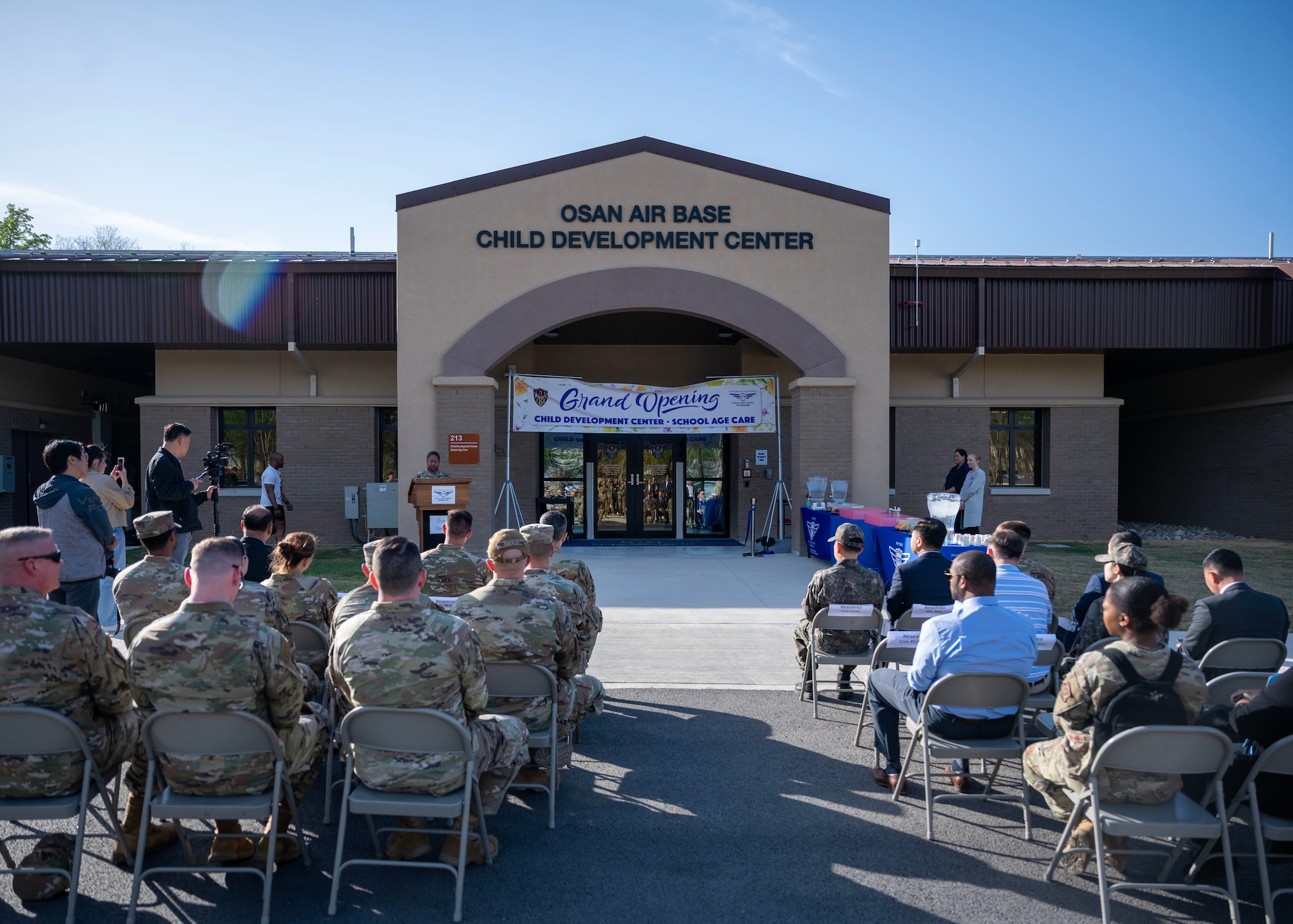 The 51st Force Support Squadron hosts a grand opening of the new Child Development Center at Osan Air Base, Republic of Korea, April 24, 2025. The new facility was the Air Force’s first combined child development center and school-aged care center, increasing available childcare slots. (U.S. Air Force photo by Senior Airman Sarah Williams)