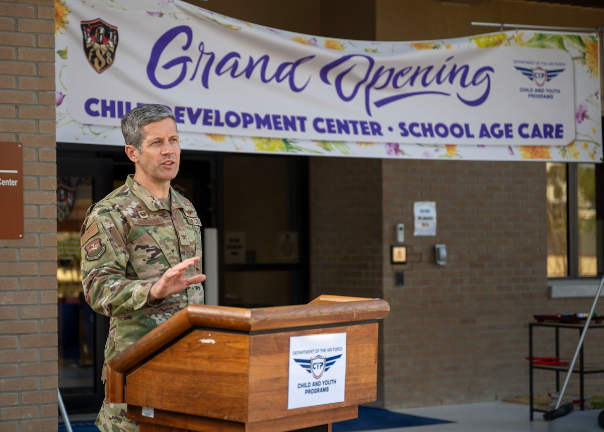 U.S. Air Force Col. William McKibban, 51st Fighter Wing commander, gives opening remarks during the opening ceremony of the new Child Development Center at Osan Air Base, Republic of Korea, April 24, 2025. The new CDC is designed to provide high-quality care allowing parents to focus on mission readiness. (U.S. Air Force photo by Senior Airman Sarah Williams)