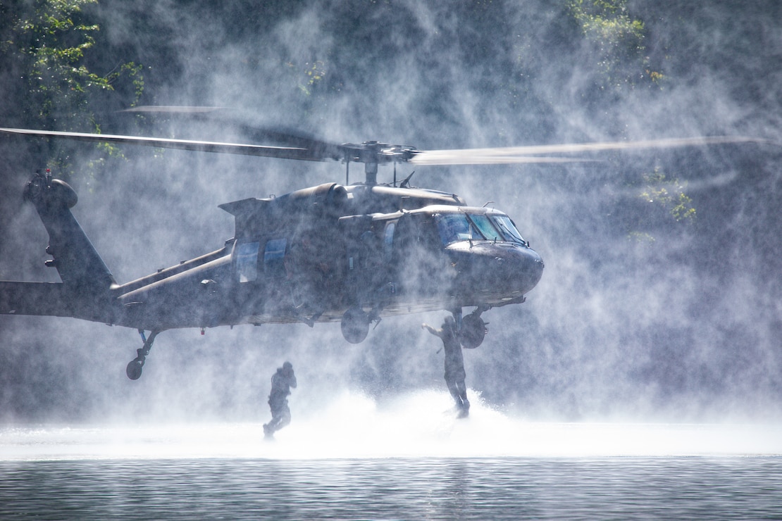 Philippine Army soldiers from the 5th and 7th Infantry Division and U.S. Soldiers assigned to the 25th Infantry Division conduct helocast training during the Jungle Operations Training Course (JOTC) at Fort Magsaysay, Philippines, April 27, 2025.