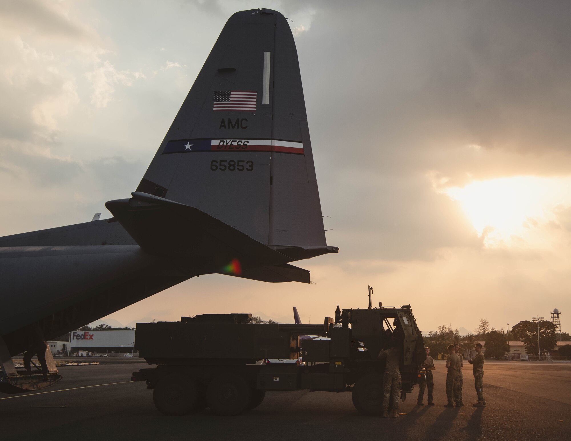 U.S. Army soldiers with the 5th Battalion, 3rd Field Artillery Regiment, 1st Multi-Domain Task Force, load a High Mobility Artillery Rocket System onto a U.S. Air Force C-130J Super Hercules from the 39th Airlift Squadron, during Exercise Balikatan 25 at at Clark Air Base, Philippines, April 23, 2025. Balikatan is a longstanding annual exercise between the Armed Forces of the Philippines and U.S. military designed to strengthen our ironclad alliance, improve our capable combined force, and demonstrate our commitment to regional security and stability. (U.S. Marine Corps photo by Sgt. Mitchell Johnson)