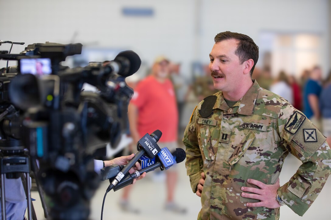 Capt. Corey Oney, 2-238th MEDEVAC commander, speaks with members of the media at the conclusion of the deployment ceremony on April 25, 2025 in Frankfort, Kentucky. Approximately 30 Soldiers from the 2-238th are deploying to Europe in support of intratheater aeromedical evacuations. (U.S. Army National Guard photo by Sgt. First Class Ryan Wilhoit)