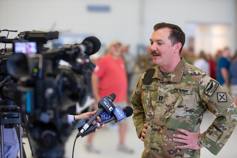 Capt. Corey Oney, 2-238th MEDEVAC commander, speaks with members of the media at the conclusion of the deployment ceremony on April 25, 2025 in Frankfort, Kentucky. Approximately 30 Soldiers from the 2-238th are deploying to Europe in support of intratheater aeromedical evacuations. (U.S. Army National Guard photo by Sgt. First Class Ryan Wilhoit)