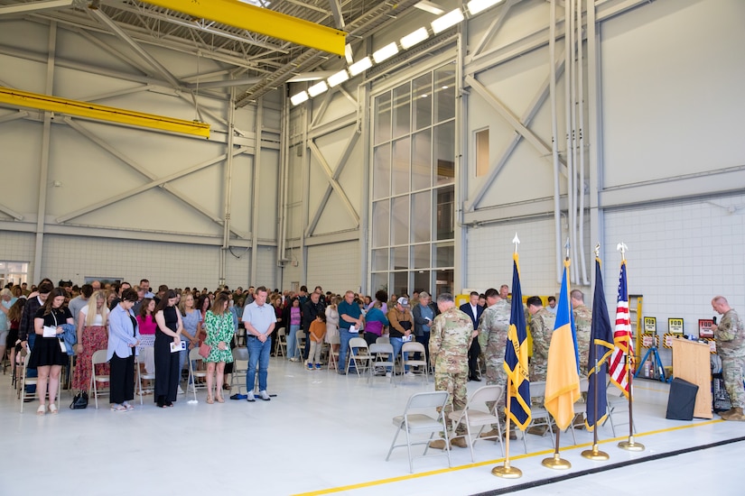 Families and senior leaders of the Kentucky National Guard gathered at the Army Aviation Support Facility on April 25, 2025 is support of the 2-238th MEDEVAC deployment. Approximately 30 Soldiers from the 2-238th are deploying to Europe in support of intratheater aeromedical evacuations. (U.S. Army National Guard photo by Sgt. First Class Ryan Wilhoit)