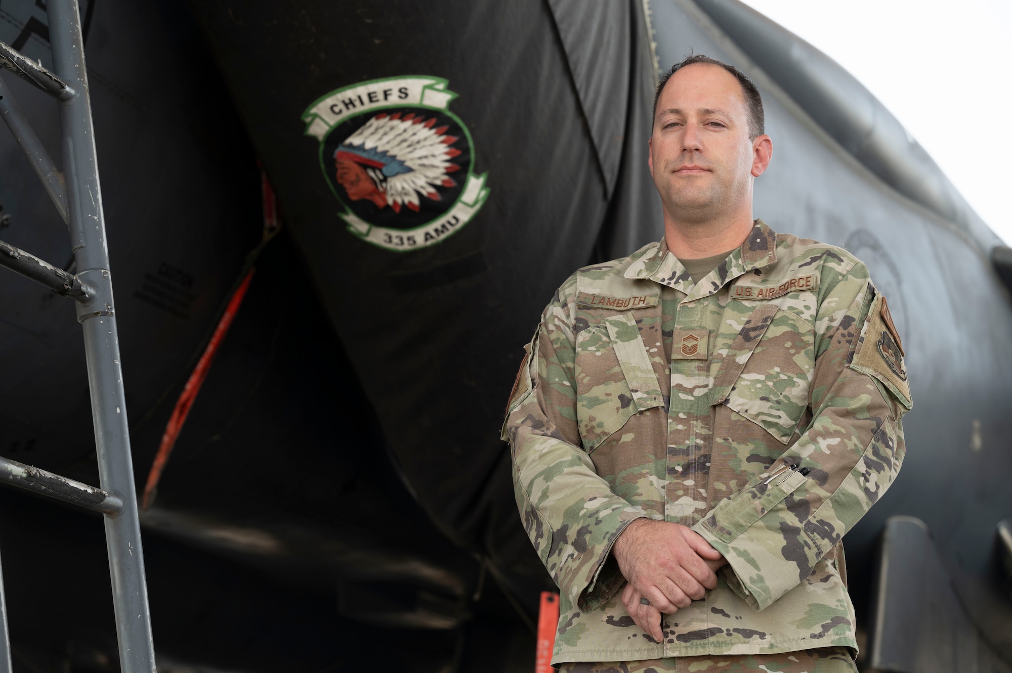 U.S. Air Force Senior Master Sgt. Isaac Lambuth, a section chief assigned to the 335th Expeditionary Fighter Squadron, poses for a photo at an undisclosed location within the U.S. Central Command area of responsibility on July 15, 2024. Lambuth is a key player in training Airmen in integrated combat turns; taking the ICT teams, along with several other agencies to austere agile combat employment locations during major Wing exercises. (U.S. Air Force photo)